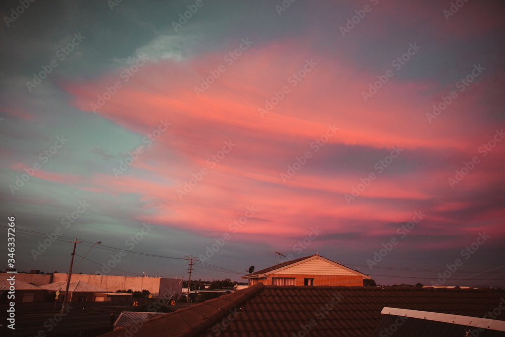 Beautiful Red Sunset Sky Over Town Houses