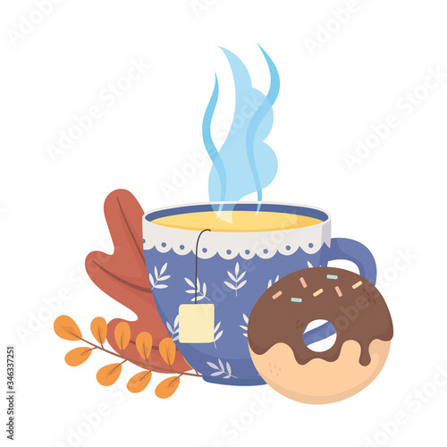 tea time, tea cup with teabag herbs and sweet donut