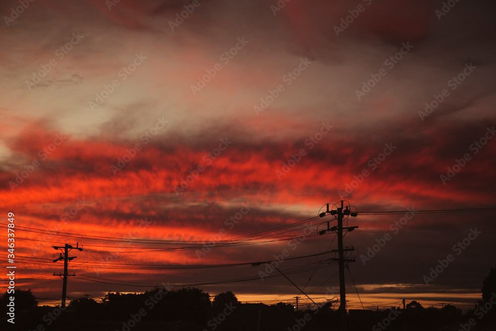 Beautiful Red Sunset Sky Over Town Houses