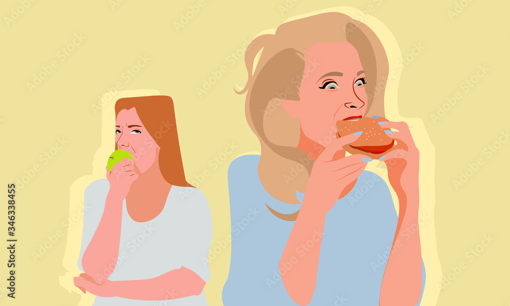 Woman on diet envy of friend eating junk food. Healthy nutrition versus junk food choice. Woman on diet envy of friend eating junk food. Healthy nutrition versus junk food choice.