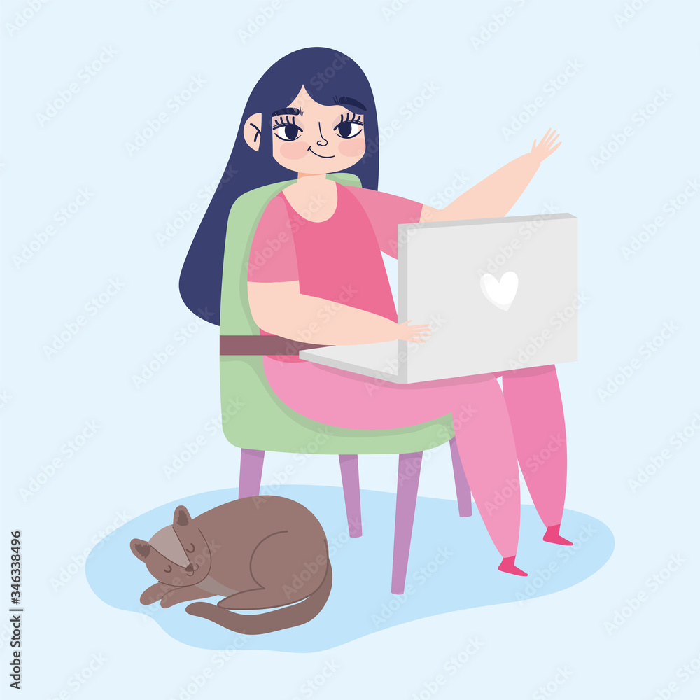 working remotely, young woman with laptop sitting on chair with cat working remotely, young woman with laptop sitting on chair with cat