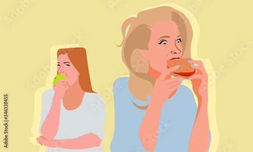 Woman on diet envy of friend eating junk food. Healthy nutrition versus junk food choice.