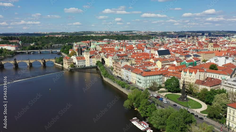 Prague scenic spring aerial view of the Prague Old Town pier architecture and Charles Bridge over Vltava river in Prague, Czechia. Old Town of Prague, Czech Republic. Prague scenic spring aerial view of the Prague Old Town pier architecture and Charles Bridge over Vltava river in Prague, Czechia. Old Town of Prague, Czech Republic.