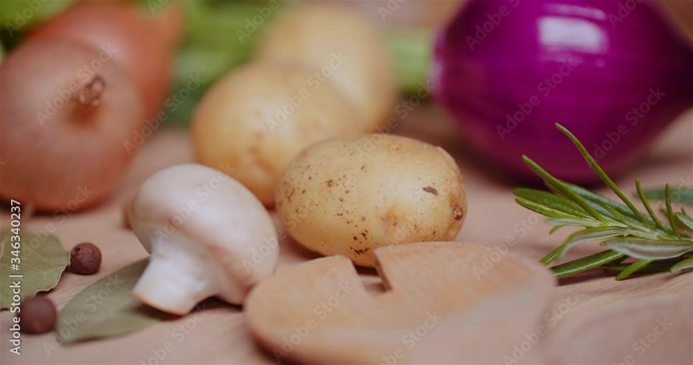 Fresh Food Ingredients On Wooden Table In Kitchen Fresh Food Ingredients On Wooden Table In Kitchen