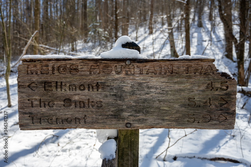 Meigs Mountain Trail sign with snow