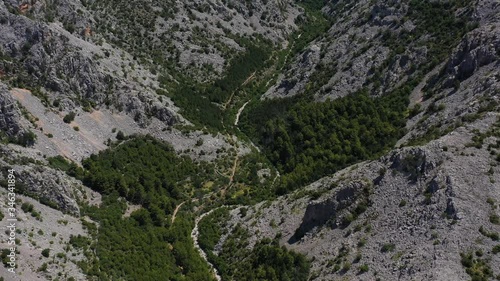 Paklenica Canyon in South Velebit Mountain with Mountain Trail - Aerial Top Down View photo