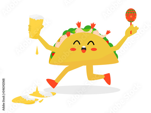 Flat design cartoon character taco holding beer happy moments, taco and beer promote restaurant and bar, happy prawns taco Mexican food, cute prawn taco cheerful with beer and dance holding maracas
