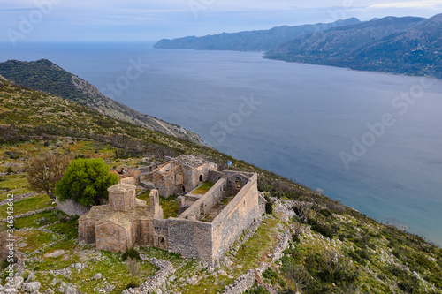 Aerial view of old traditional monastery near Gonea village on Mani semi-island, Peloponnese, Greece