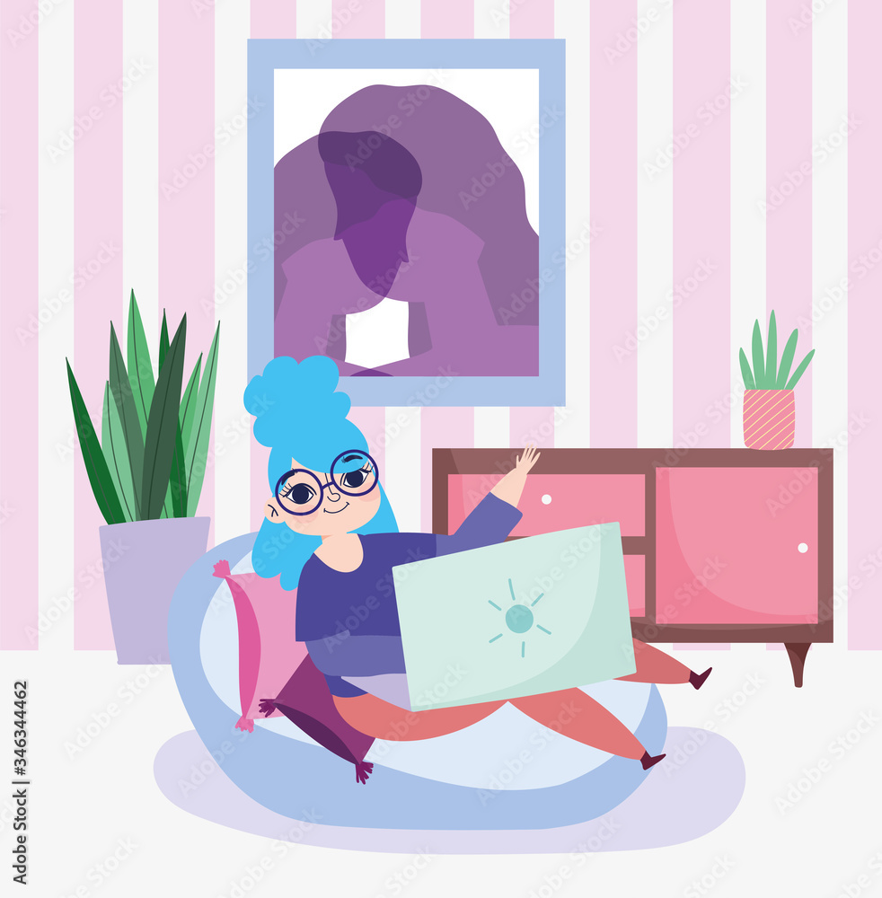 working remotely, young woman using laptop sitting on cushions room with furniture and plant working remotely, young woman using laptop sitting on cushions room with furniture and plant