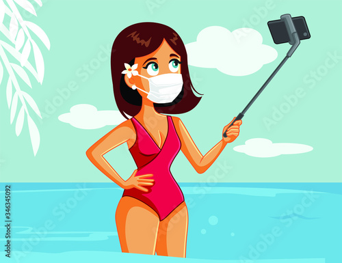 Female Tourist Wearing Medical Mask Taking a Selfie in Summer