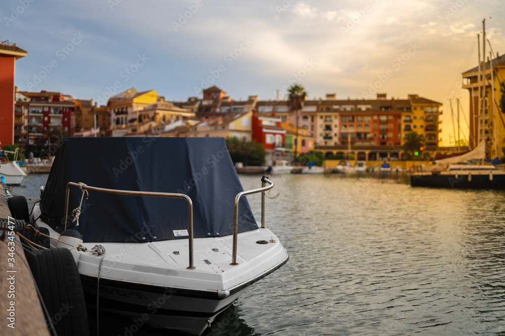 Fototapeta premium small Citi with big canal and lot of boats close to houses , look like Venice , Port Saplaya ,Alaboraya, Spain 