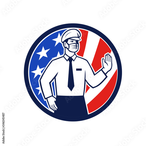 Icon retro style illustration of an American immigration officer wearing face mask putting hand out to stop entry set in circle with USA stars and stripes flag on isolated white background.