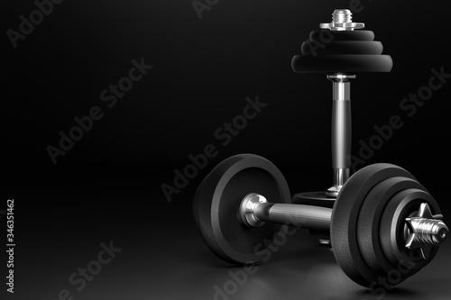 Dumbbell in dark background. Closeup and copy space on left. It is equipment for workout or fitness in gym. Made from iron and a lot of weight. 3D illustrator rendering. Concept of muscle health care.