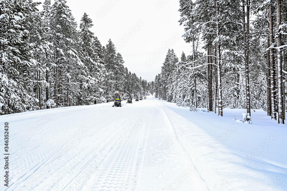 Row of snowmobilers cross Highway 20 in winter in Yellowstone
