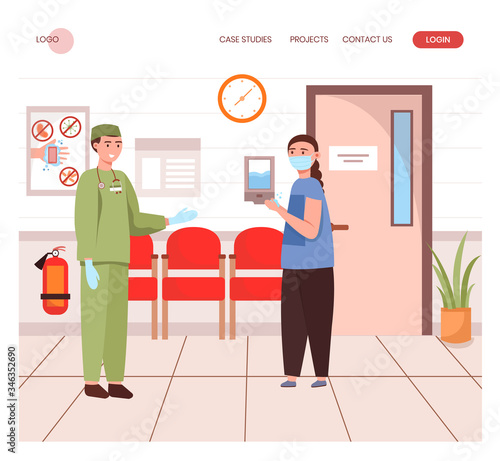 Patient in face mask come to hospital to visit doctor. Woman sanitize her hands to protect from corona virus. Concept illustration. Vector web site design template. Landing page website illustration