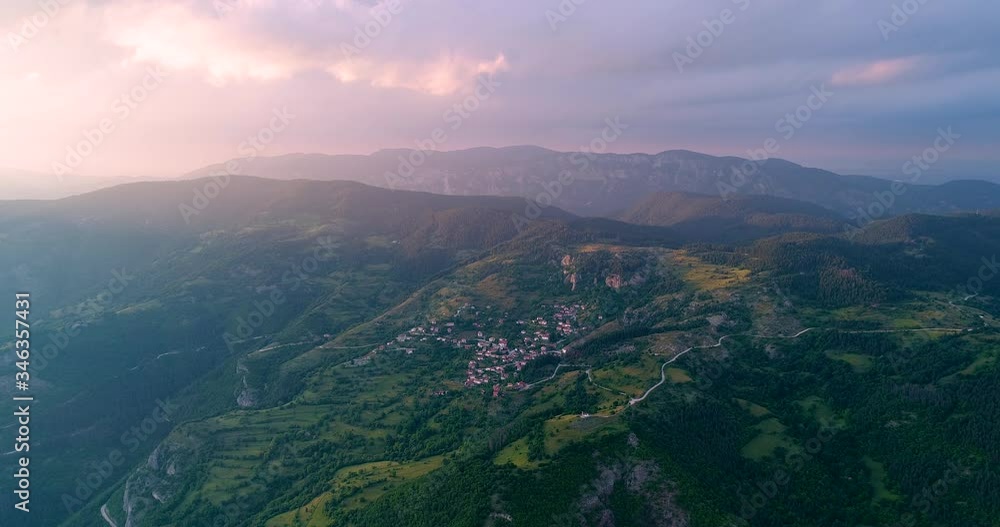 Aerial shot of Borovo village during sunset in Rhodope mountains. Aerial shot of Borovo village during sunset in Rhodope mountains.