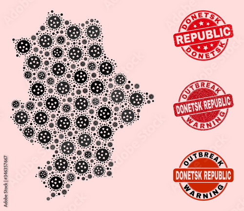 Outbreak composition of covid-2019 mosaic Donetsk Republic map and grunge seal stamps. Vector red imprints with corroded rubber texture and Outbreak Warning caption. © Evgeny