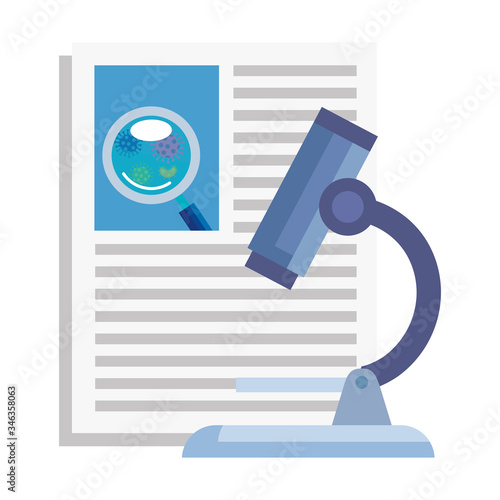 microscope and document with particles covid 19 vector illustration design