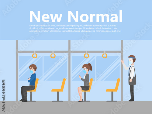 New normal life People in business casual outfits social distancing wearing a surgical protective Medical mask and face shield for prevent coronavirus sitting and standing on the bus going to work, He
