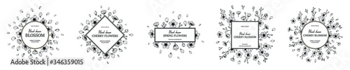 Set of floral frames with hand drawn spring cherry blossom in sketch style. Spring design for cards, banners, letters, invitations. Place for text