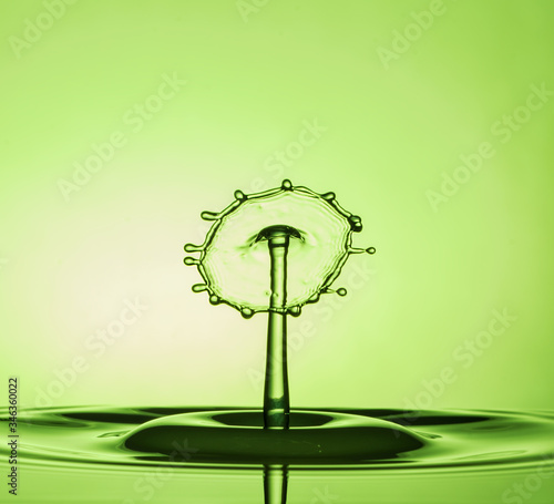Water Drop Collisions Macro Photography with green background