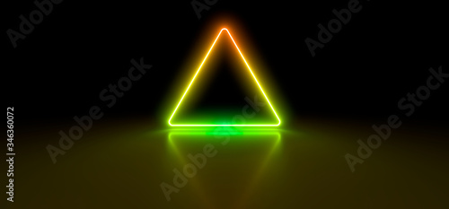 Colored luminous geometric shape on a black background. Blurred reflection on the floor. 3d rendering image.