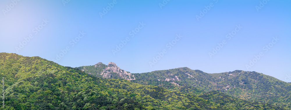Beautiful spring panorama scenery of famous high Geumjeongsan mountain in Busan, South Korea