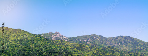 Beautiful spring panorama scenery of famous high Geumjeongsan mountain in Busan, South Korea