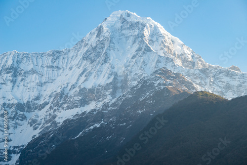 Beautiful view of Mt.Hiunchuli (6,441 metres) view from Chomrong village on the way to Annapurna Base Camp, Nepal. Hiunchuli is a peak situated in the Annapurna massif.