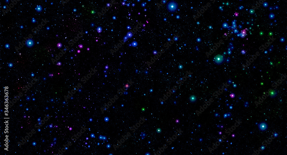 Outer space, starry sky, scattering of stars, many colored stars on black, space, universe, astronomy, light of bright stars, holiday
