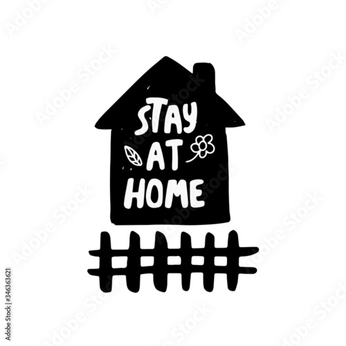
Stay at home hand drawn illustration with typography lettering as corona campaign. Village cottage home and fence silhouette. Perfect for logo, label, poster or icon.
