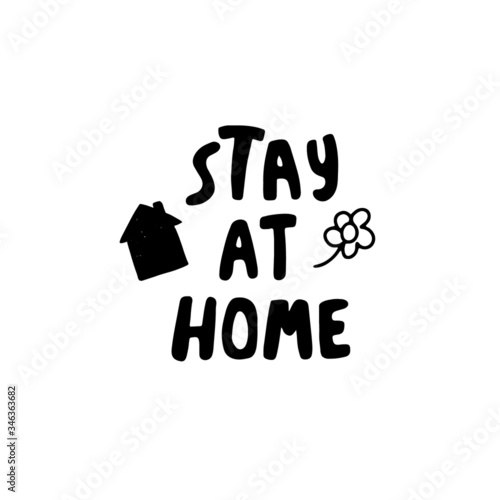 
Stay at home hand drawn typography lettering as corona campaign. Village cottage home and fence silhouette. Perfect for logo, label, poster or icon