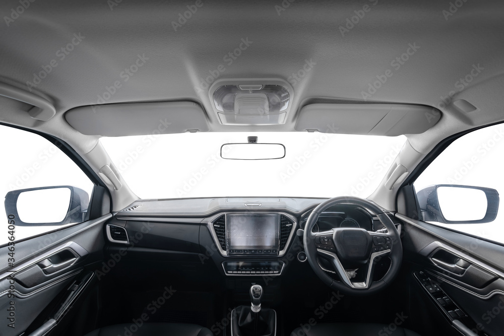 Car interior luxury black. black comfortable leather seat, steering wheel, dashboard, climate control, speedometer, display, isolated on white for content or advertisement graphic design background.