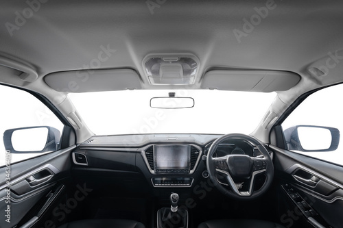 Car interior luxury black. black comfortable leather seat, steering wheel, dashboard, climate control, speedometer, display, isolated on white for content or advertisement graphic design background. © kriangphoto31