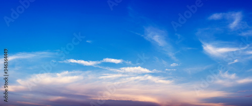Beutyful blue sky with white cloud during twilight or morning. Panorama. sunset or sunrise.