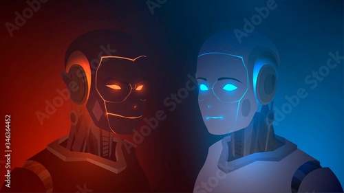 Bad and good robot with glowing eyes, the confrontation of two androids