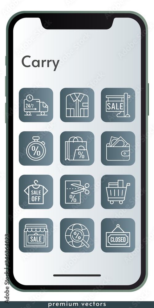 carry icon set. included shopping bag, sale, shirt, wallet, shop, voucher, shopping cart, closed, delivery truck, internet, stopwatch icons on phone design background . linear styles. carry icon set. included shopping bag, sale, shirt, wallet, shop, voucher, shopping cart, closed, delivery truck, internet, stopwatch icons on phone design background . linear styles.