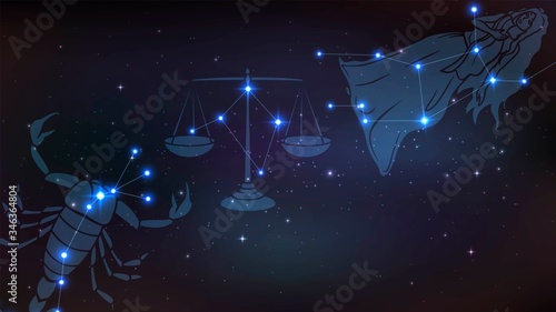 Night starry sky with the zodiac constellations and their images