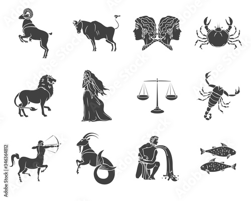 Set of silhouettes of zodiac signs symbols on a white background
