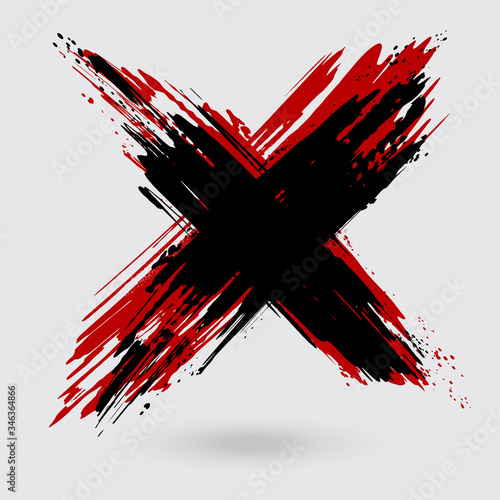 Black and red ink cross stroke on white background