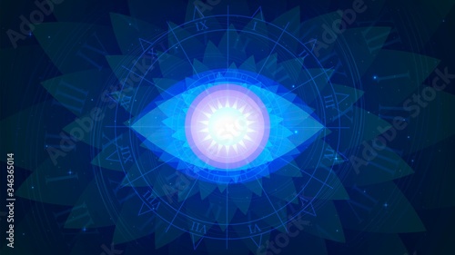 Magic blue all-seeing eye on a background of fractal and stars