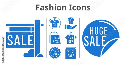fashion icons set. included shopping bag, sale, shirt, discount, jacket icons. filled styles.