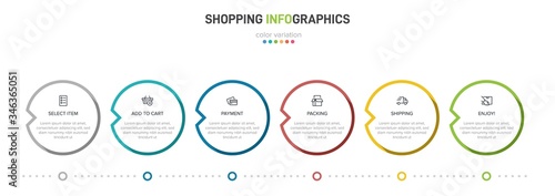 Concept of shopping process with 6 successive steps. Six colorful graphic elements. Timeline design for brochure, presentation, web site. Infographic design layout.