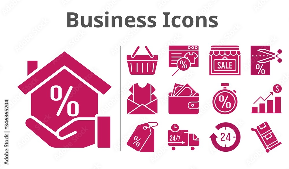 business icons set. included newsletter, profits, shop, wallet, voucher, shopping-basket, delivery truck, trolley, online shop, 24-hours, mortgage, price tag, stopwatch icons. filled styles.