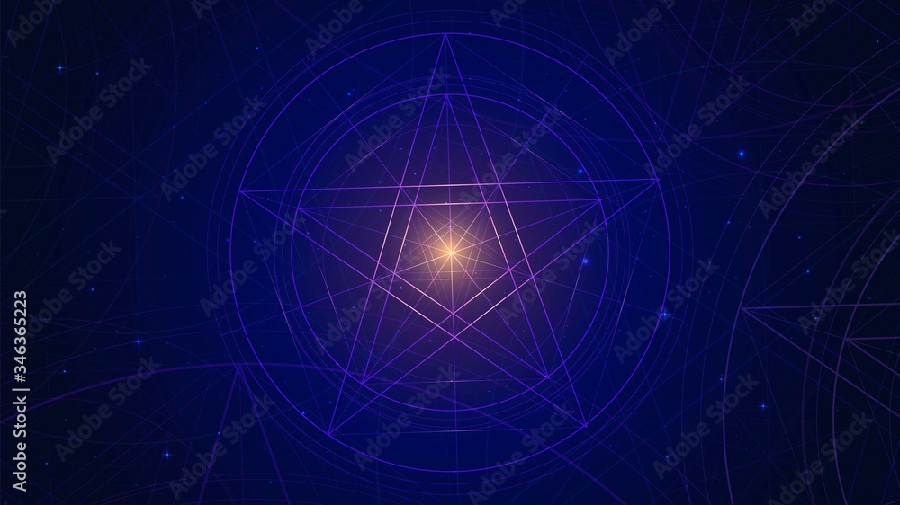 Linear glowing pentagram in the starry sky, a star in a circle a symbol of magic and the occult - obrazy, fototapety, plakaty 