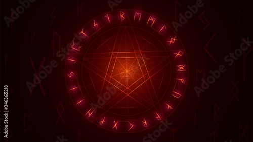 Red glowing star in a circle on a black background and magic runes, witch illustration with a pentagram