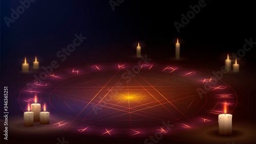 A star in a circle on the floor with candles, a magic ritual of summoning a  demon from the pentagram Stock Vector | Adobe Stock