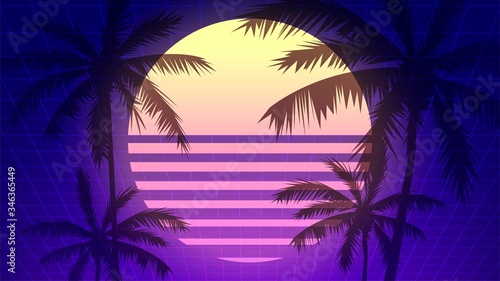 Futuristic neon background with sun and palm silhouettes, illustration in the style of an old computer game