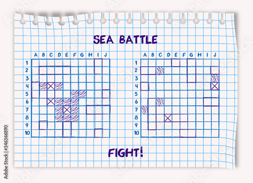 Sea battle game. Ink drawing on a checkered school notebook sheet. Isolated realistic vector