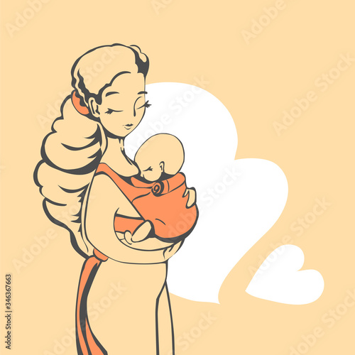 Mother with baby in sling, contour illustration with simple fillings